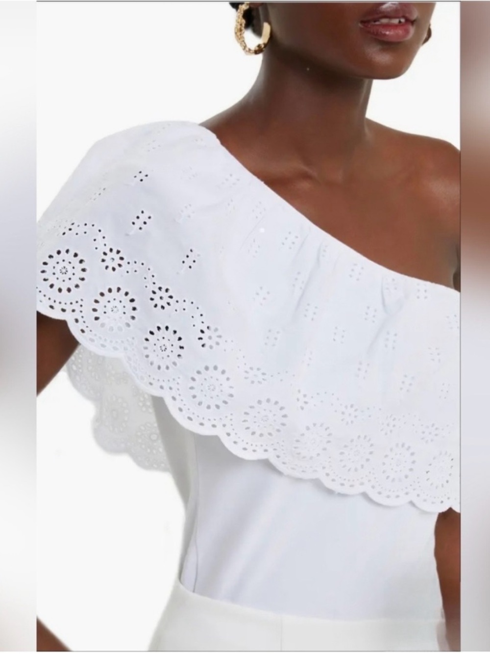French Connection Black One-Shoulder Eyelet Ruffle Cotton Top- Size M